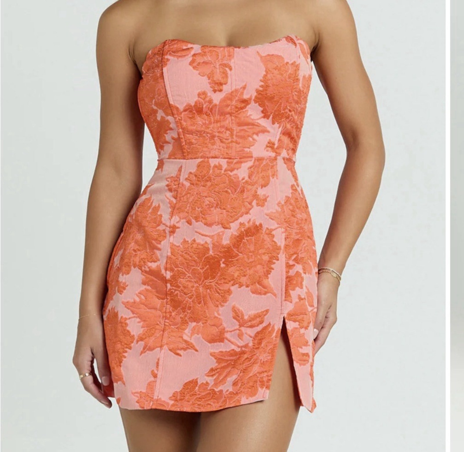 Showpo Brailey Strapless Mini Dress Size 12 Orange Jacquard Homecoming New Nwt
